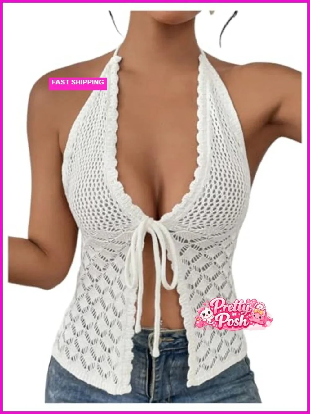 Crochet Tie Front Halter Neck Crop Camisole Swimsuit Cover Up